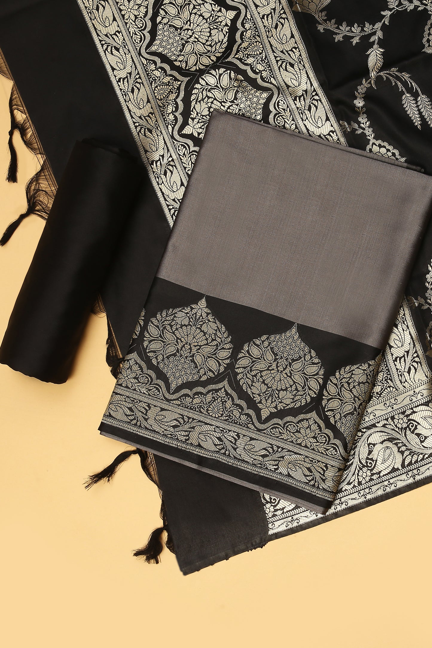 Grey Banarasi Silk Blend Suit Set in Plain Shirt with Contrast Black Front Border and Contrast Black Jaal Woven Dupatta