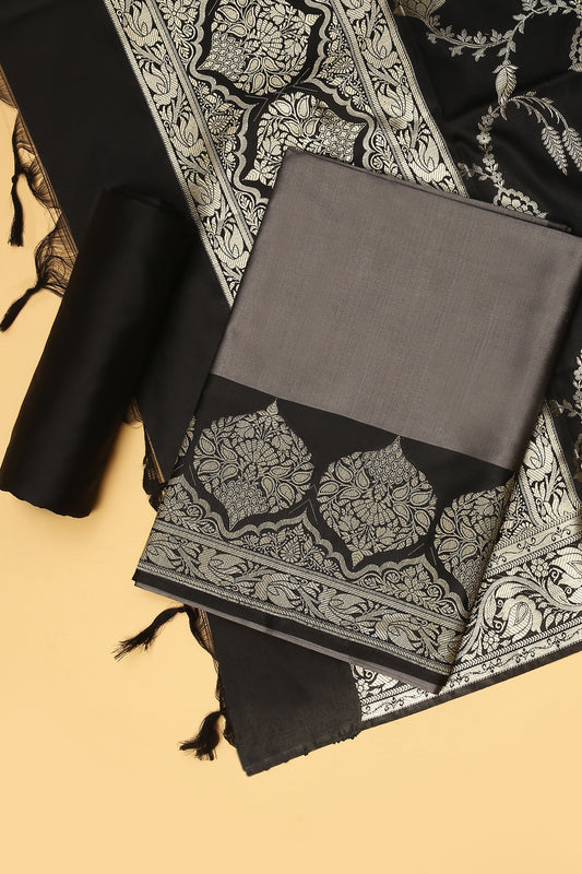 Grey Banarasi Silk Blend Suit Set in Plain Shirt with Contrast Black Front Border and Contrast Black Jaal Woven Dupatta