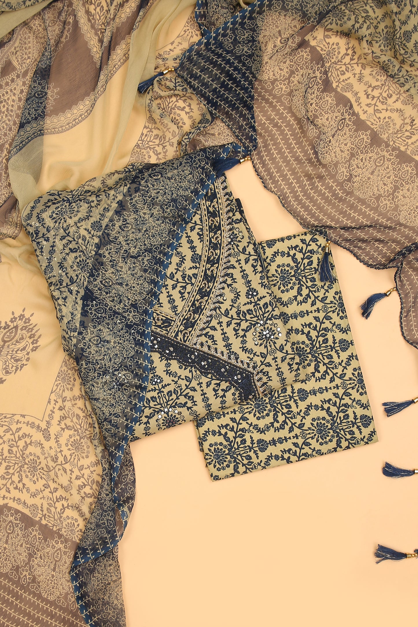 Blue with Beige printed pure cotton unstitched suit set with chiffon printed dupatta
