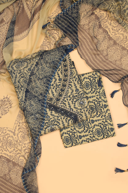 Blue with Beige printed pure cotton unstitched suit set with chiffon printed dupatta