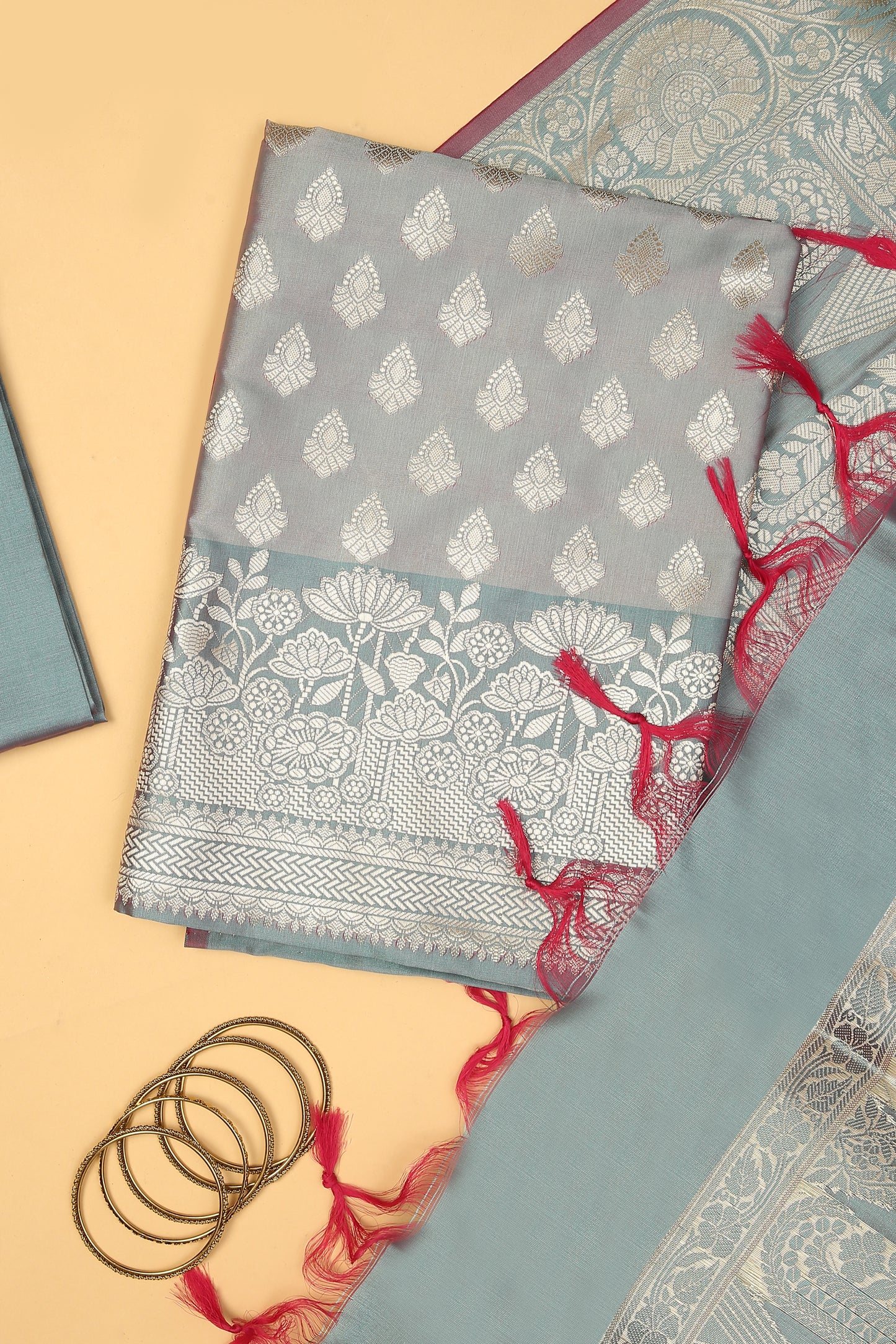 Grey Pastel Base paired with Buti on shirt in Banarasi Silk Blend with Self Contrast Jaal Woven Dupatta