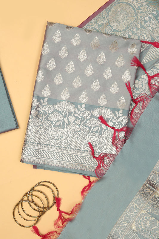 Grey Pastel Base paired with Buti on shirt in Banarasi Silk Blend with Self Contrast Jaal Woven Dupatta