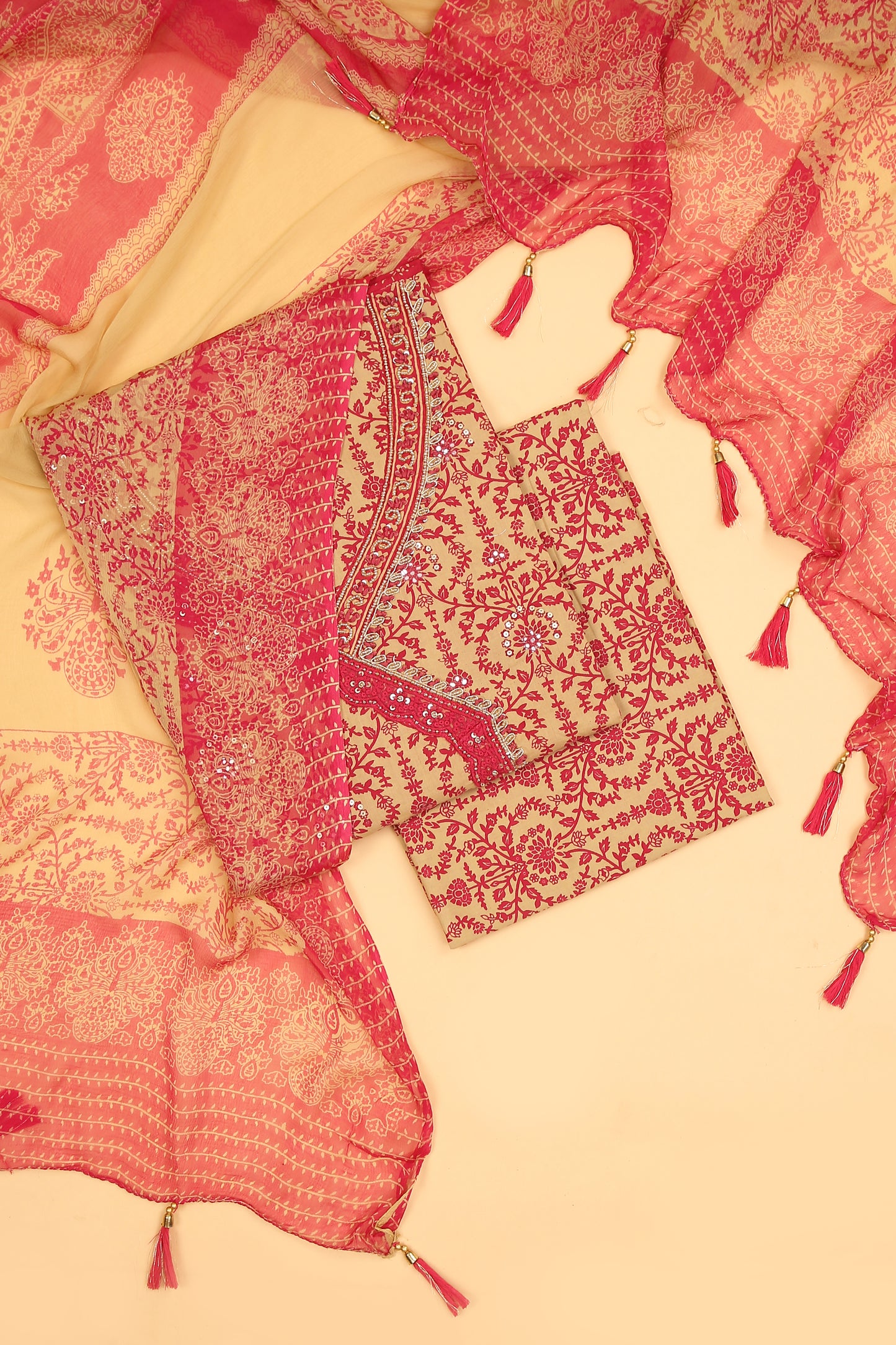 Pink with Beige printed pure cotton unstitched suit set with chiffon printed dupatta