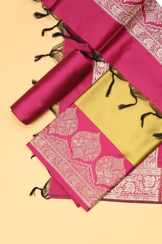 Yellow Banarasi Silk Blend Suit Set in Plain Shirt with Contrast Pink Front Border and Contrast Pink Jaal Woven Dupatta