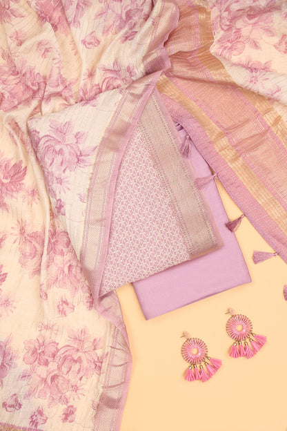 Baby pink Assam Silk Unstitched suit set in Print and Zari woven stripes on shirt with Self Contrast Floral Printed and Zari woven Dupatta