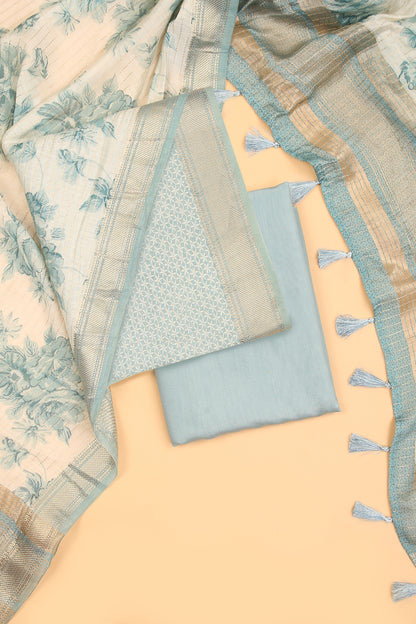Sky Blue Assam Silk Unstitched suit set in Print and Zari woven stripes on shirt with Self Contrast Floral Printed and Zari woven Dupatta