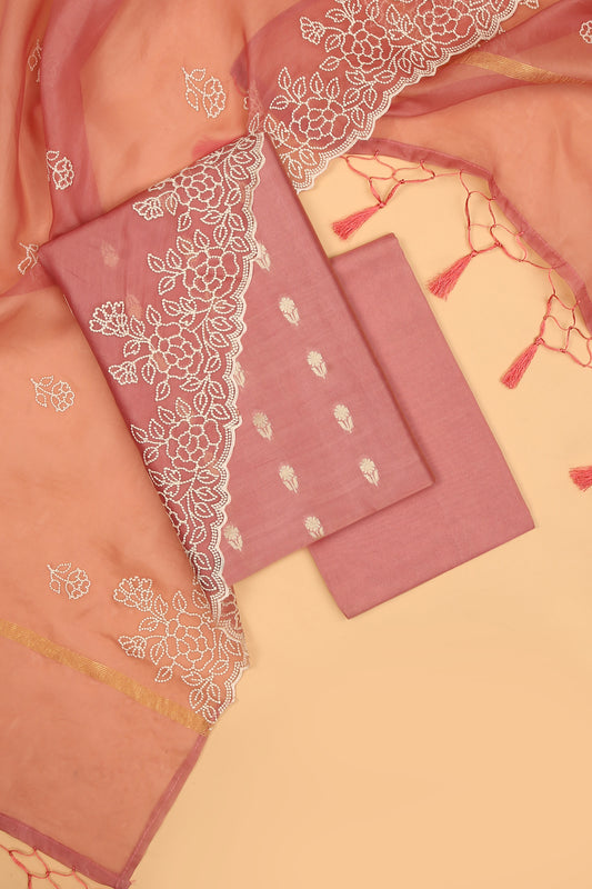 Onion Pink Pure Chanderi Unstitched Suit in buti weaving with Pure Organza embroidered dupatta