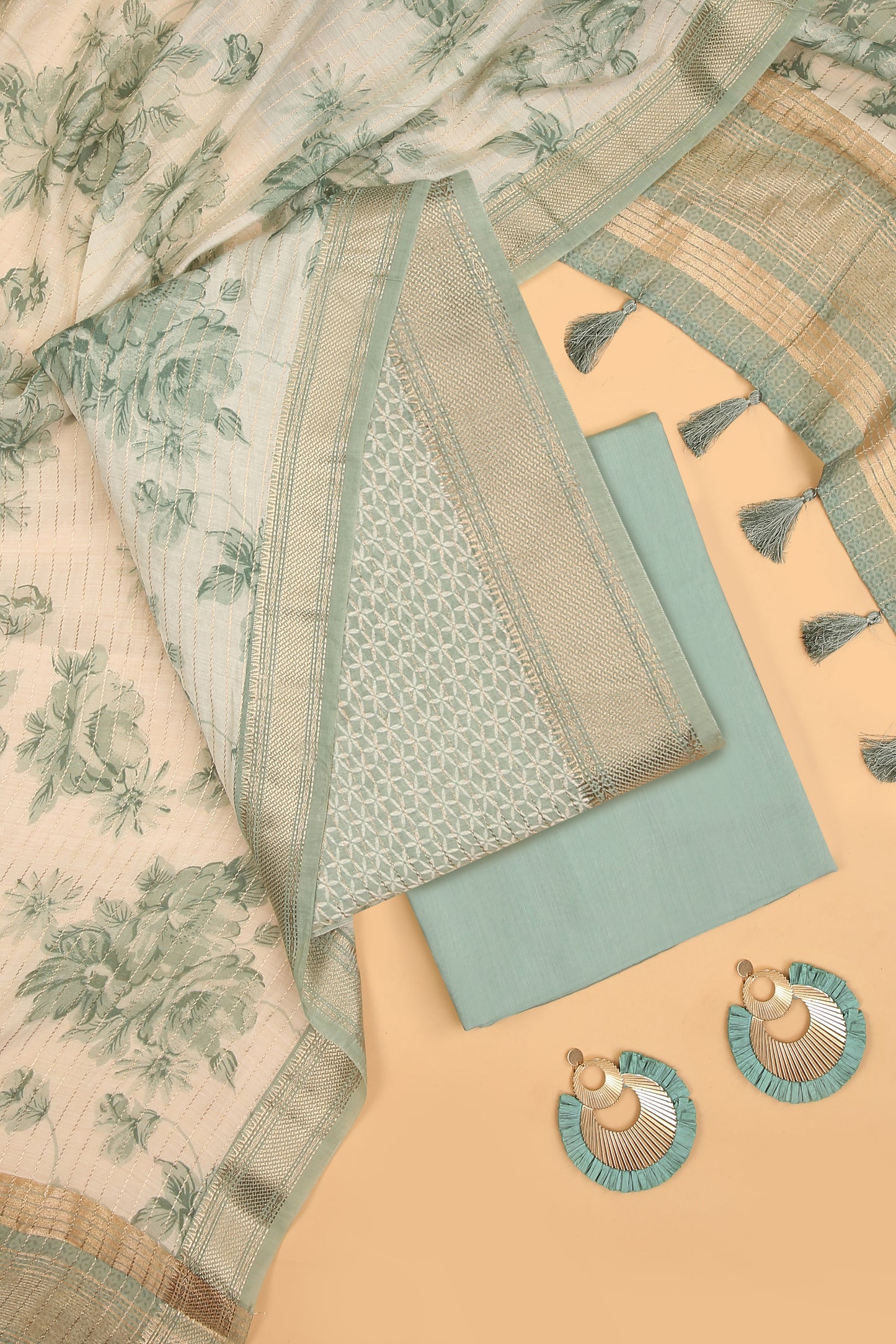 Sea Green Silk Unstitched suit set in Print and Zari woven stripes on shirt with Self Contrast Floral Printed and Zari woven Dupatta