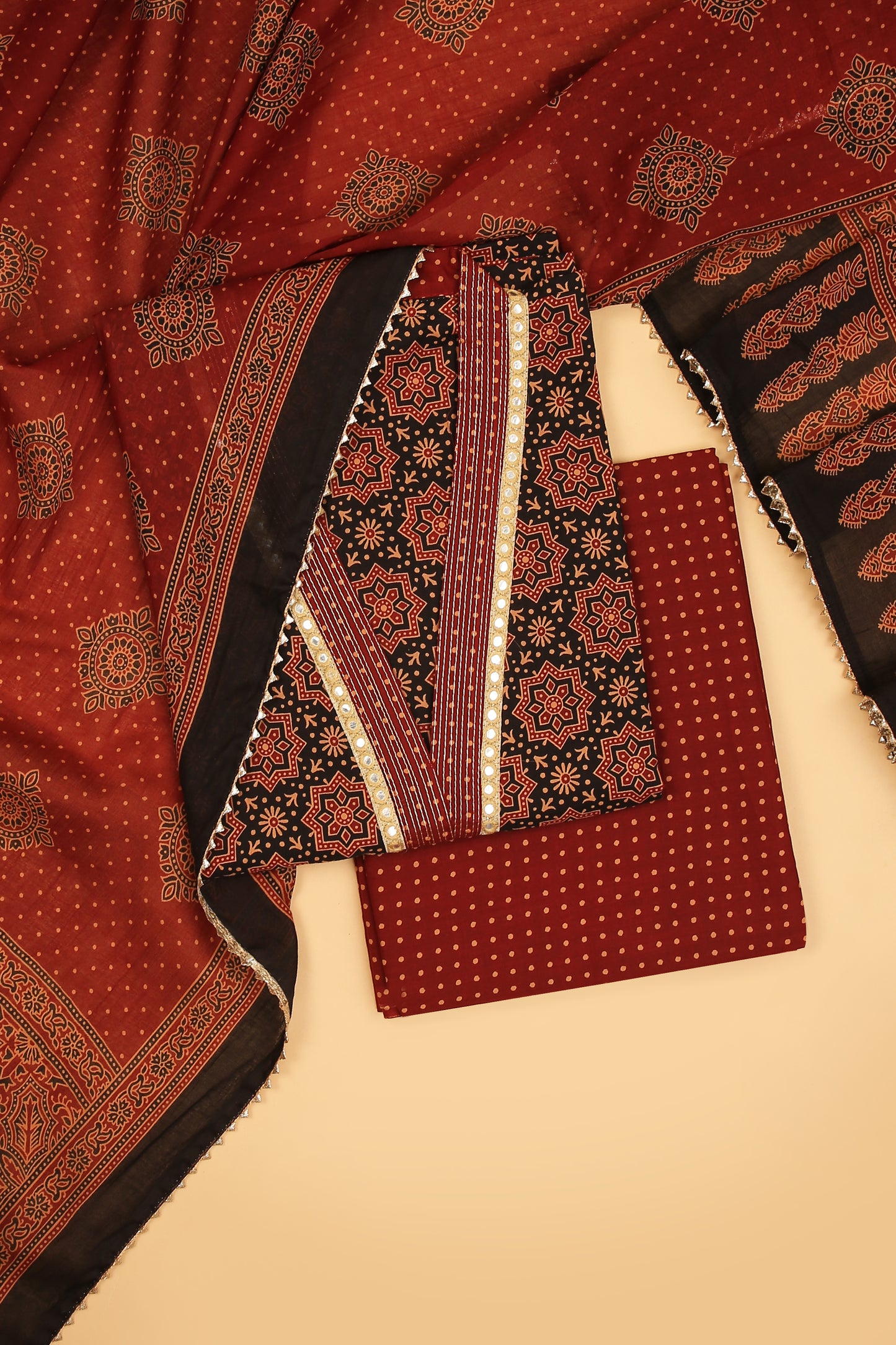 Black Ajrakh Pure Cotton unstitched suit set with Red Pure Cotton Printed Dupatta
