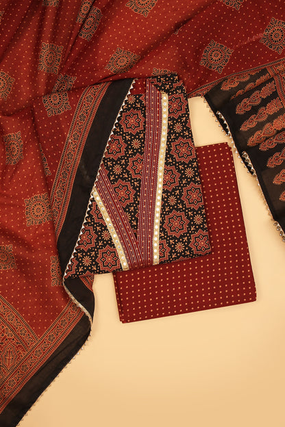 Black Ajrakh Pure Cotton unstitched suit set with Red Pure Cotton Printed Dupatta