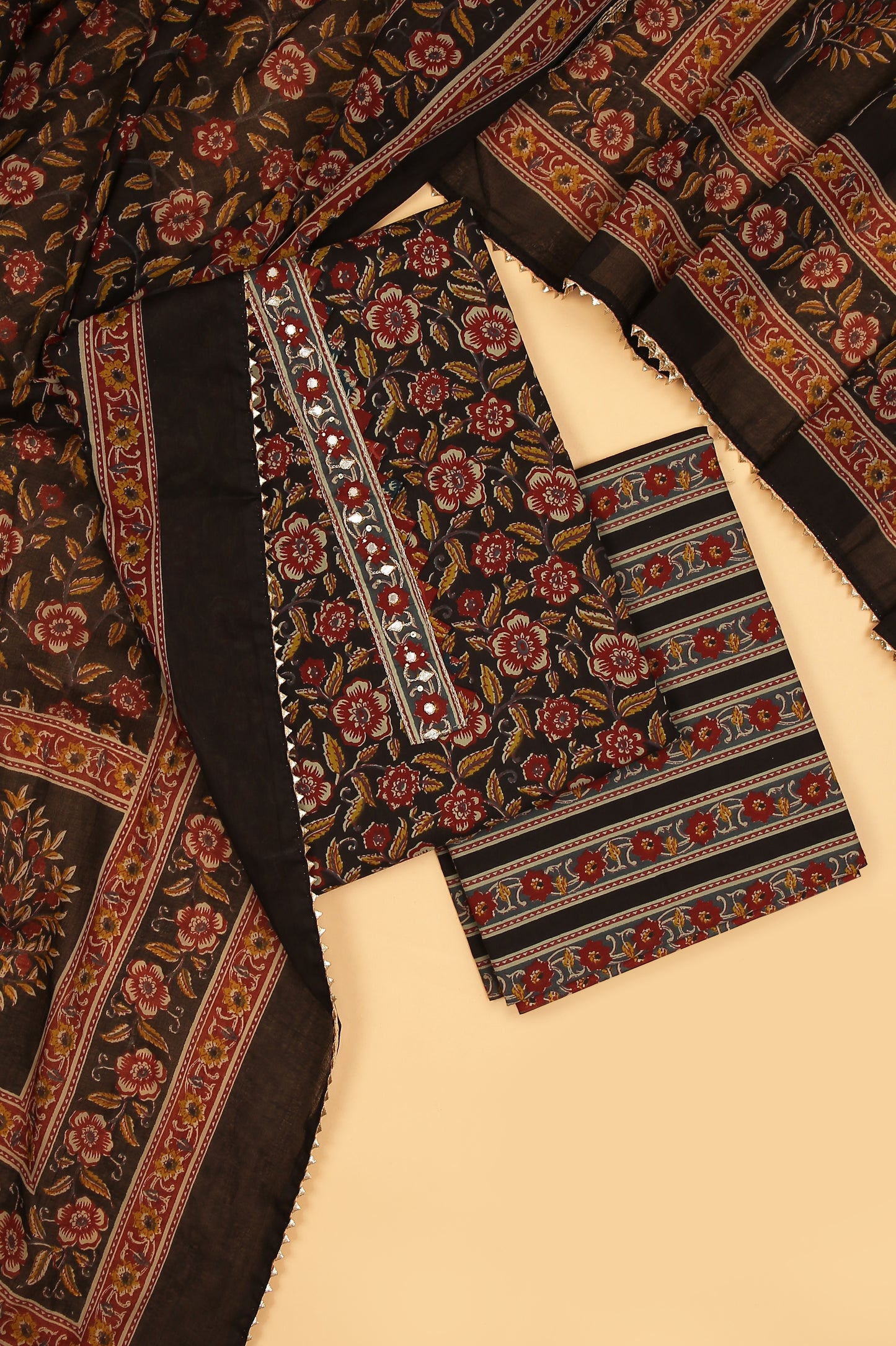 Black Bloom Pure Cotton unstitched suit set with sanganeri print