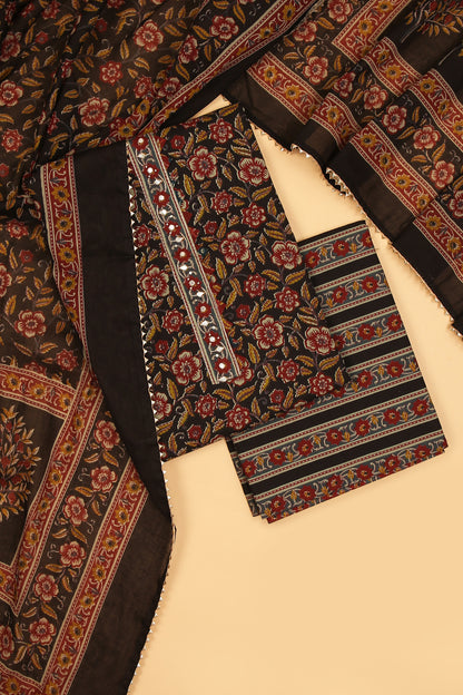 Black Bloom Pure Cotton unstitched suit set with sanganeri print