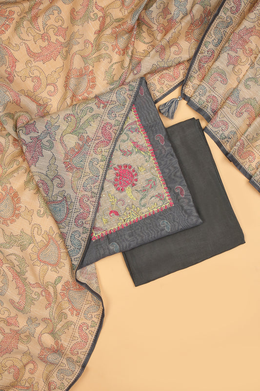 Grey with beige Chanderi unstitched suit set in Kantha work on neck and kantha print on shirt and dupatta