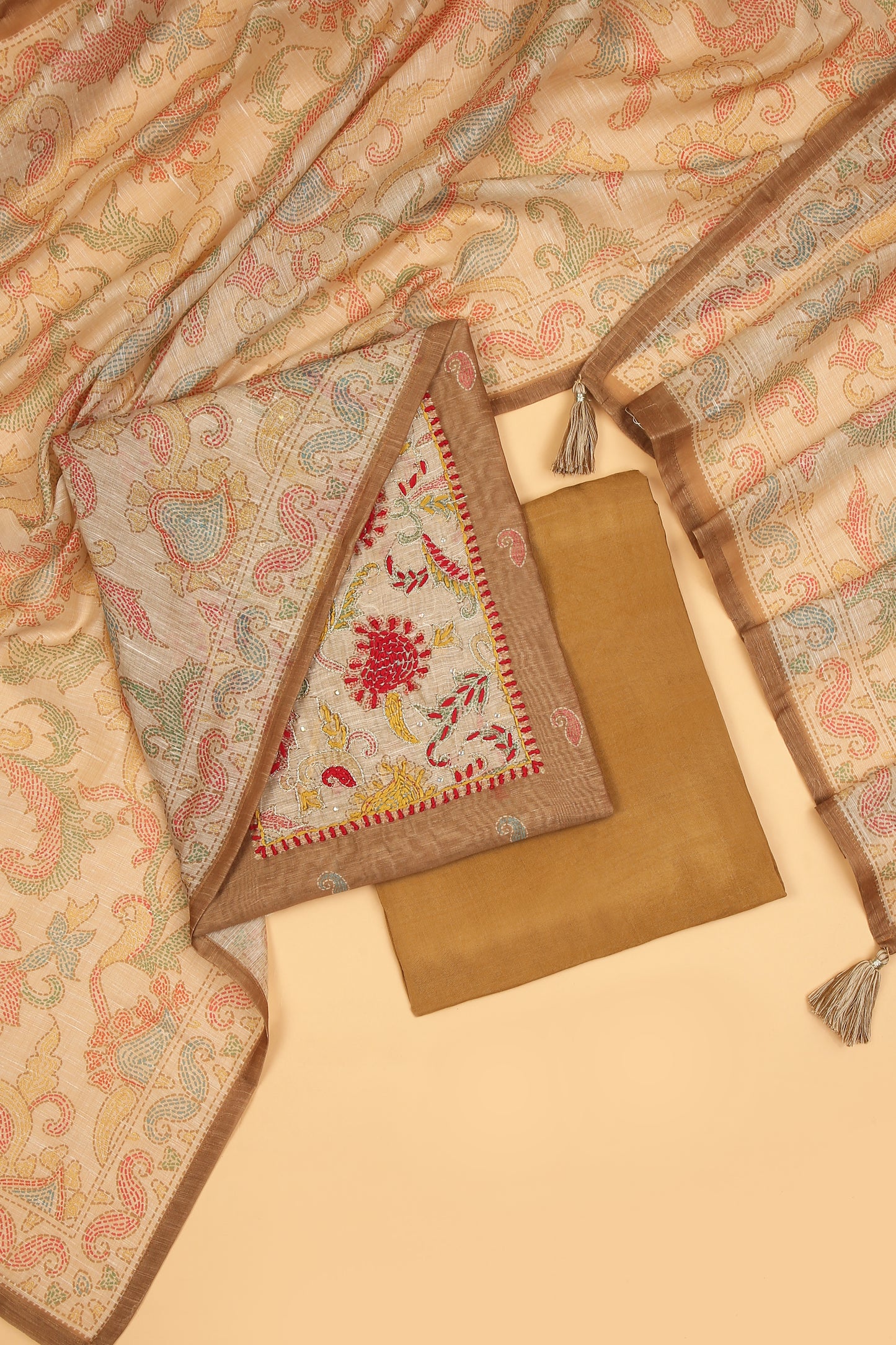 Mustard with beige Chanderi unstitched suit set in Kantha work on neck and kantha print on shirt and dupatta