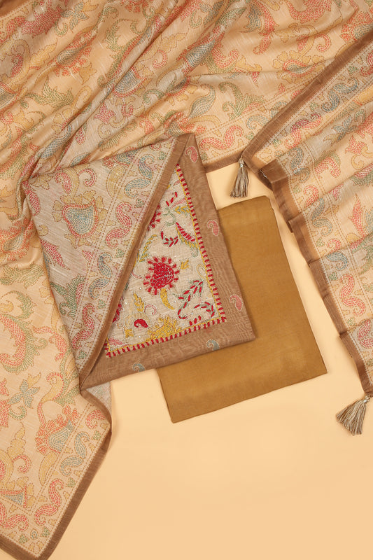 Mustard with beige Chanderi unstitched suit set in Kantha work on neck and kantha print on shirt and dupatta