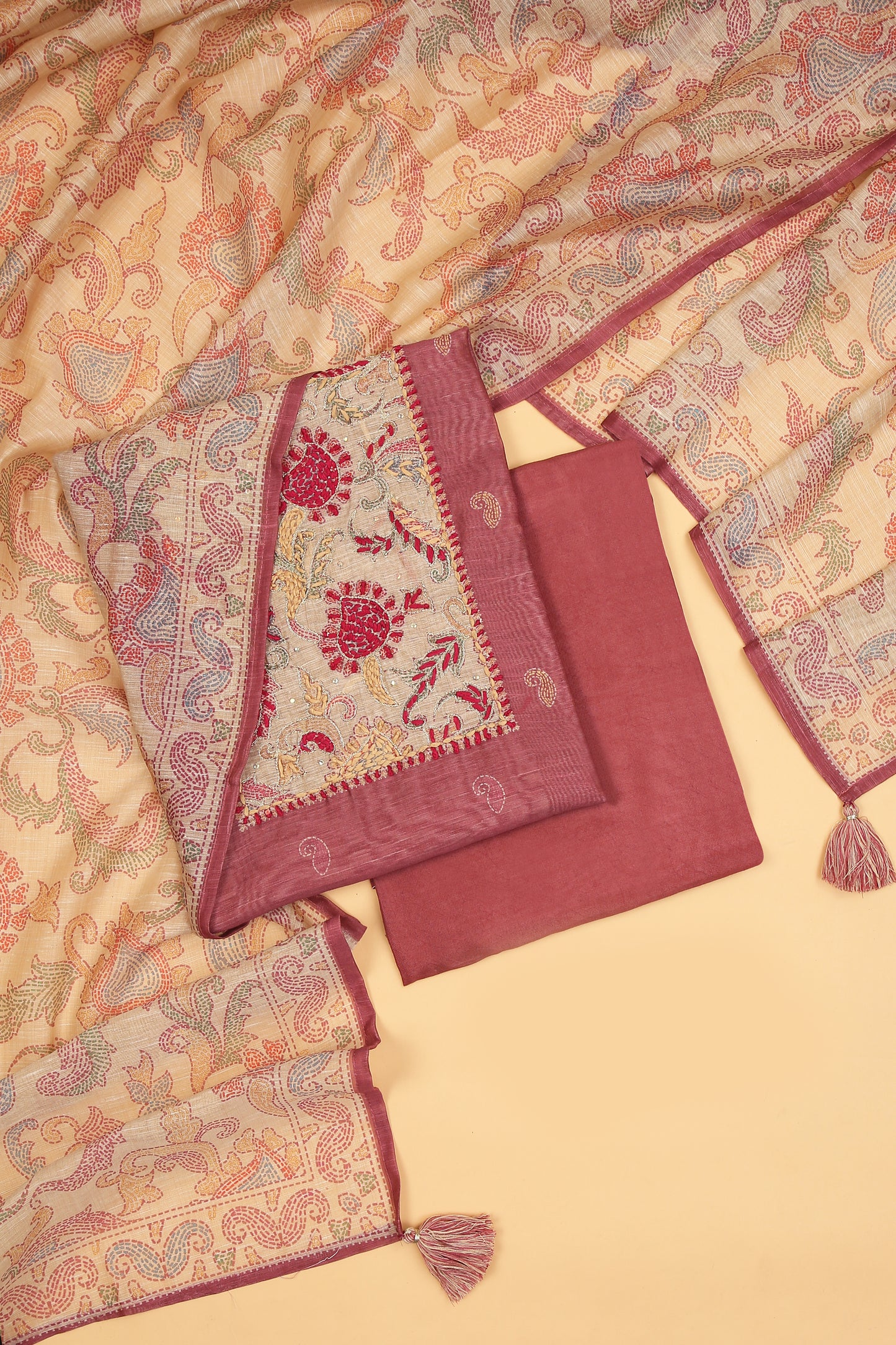 Pink with beige Chanderi unstitched suit set in Kantha work on neck and kantha print on shirt and dupatta