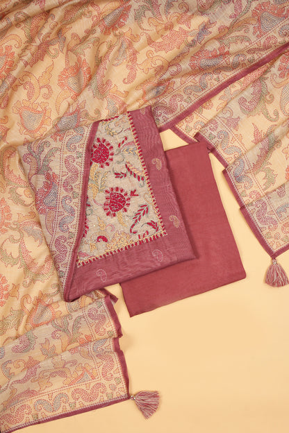 Pink with beige Chanderi unstitched suit set in Kantha work on neck and kantha print on shirt and dupatta