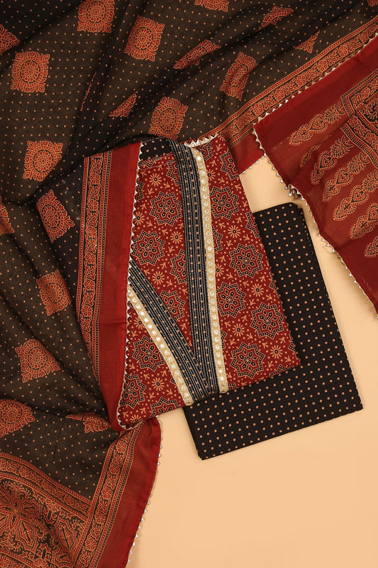 Red Ajrakh Pure Cotton unstitched suit set with Black Pure Cotton Printed Dupatta