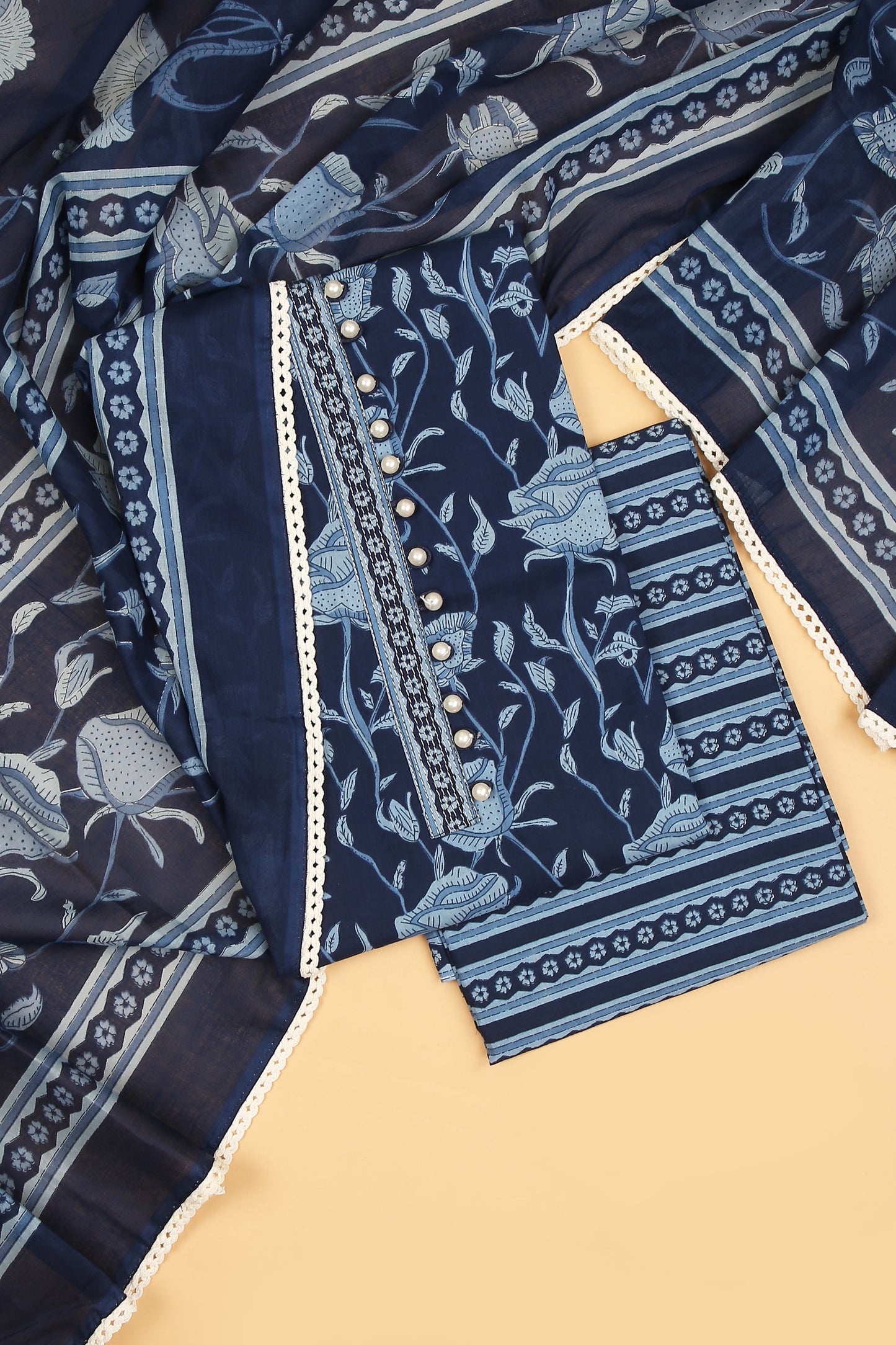 Blue Floral Pure Cotton Unstitched Suit Set with printed dupatta