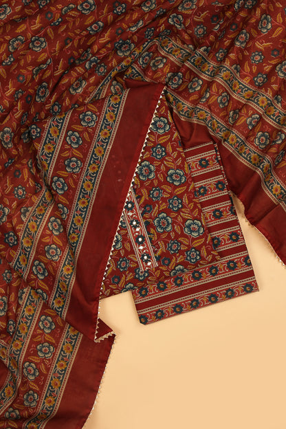 Red Bloom Pure Cotton unstitched suit set with sanganeri print