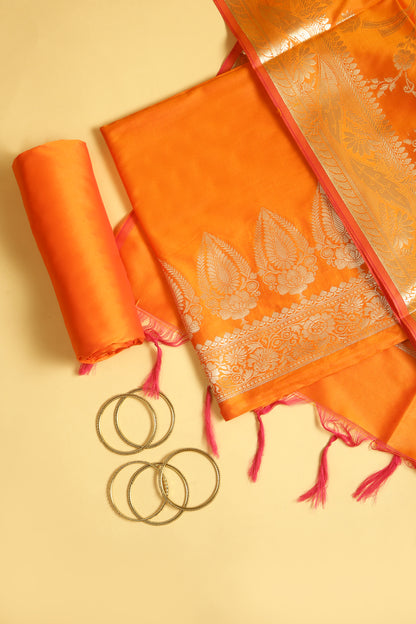 Orange Banarasi Silk Blend Suit Set in Plain Shirt with Front Border and Jaal Woven Dupatta