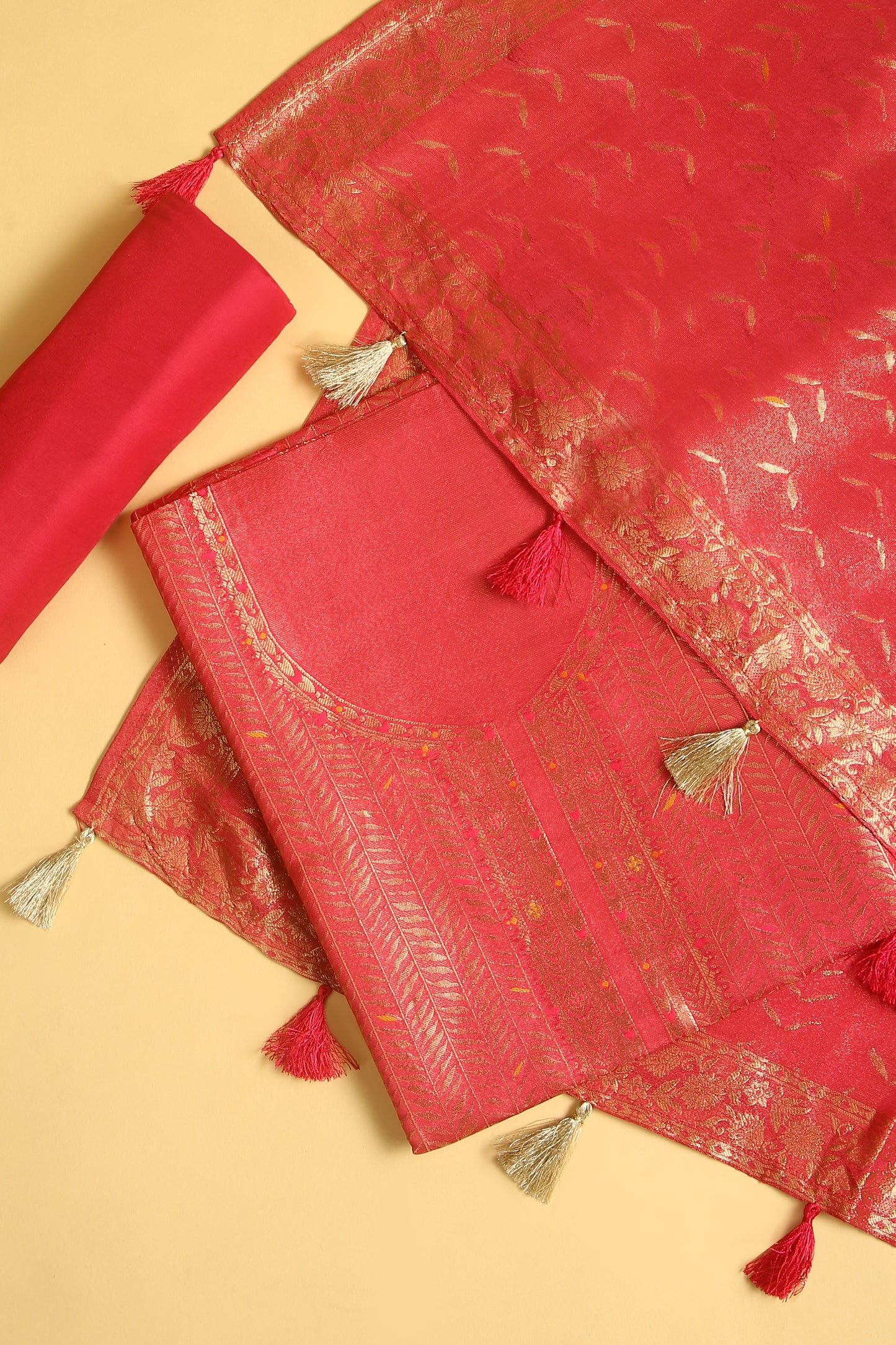Pink Kimkhwab Silk suit set in intricate weaving with light meena detailed work on neckline and body with Gold zari woven dupatta