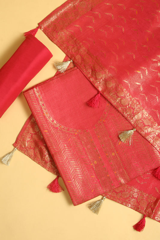 Pink Kimkhwab Silk suit set in intricate weaving with light meena detailed work on neckline and body with Gold zari woven dupatta