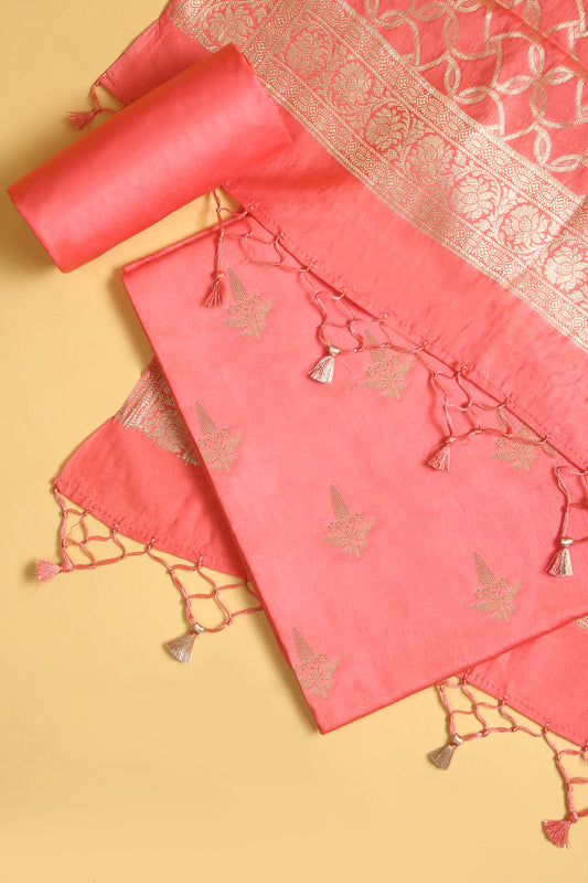 Peach Chiniya Silk Blend Zari Woven Unstitched suit set with Zari Woven Dupatta
