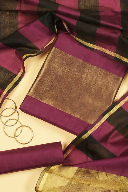 Wine Plain Banarasi Cotton Silk suit with woven border on daaman and Stripe woven golden zari dupatta