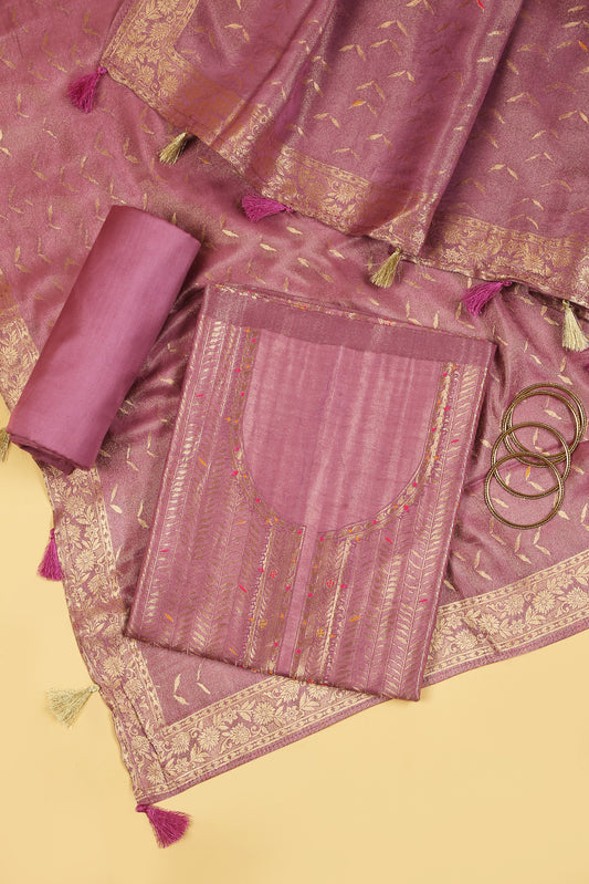Soft pink Kimkhwab Silk suit set in intricate weaving with light meena detailed work on neckline and body with Gold zari woven dupatta