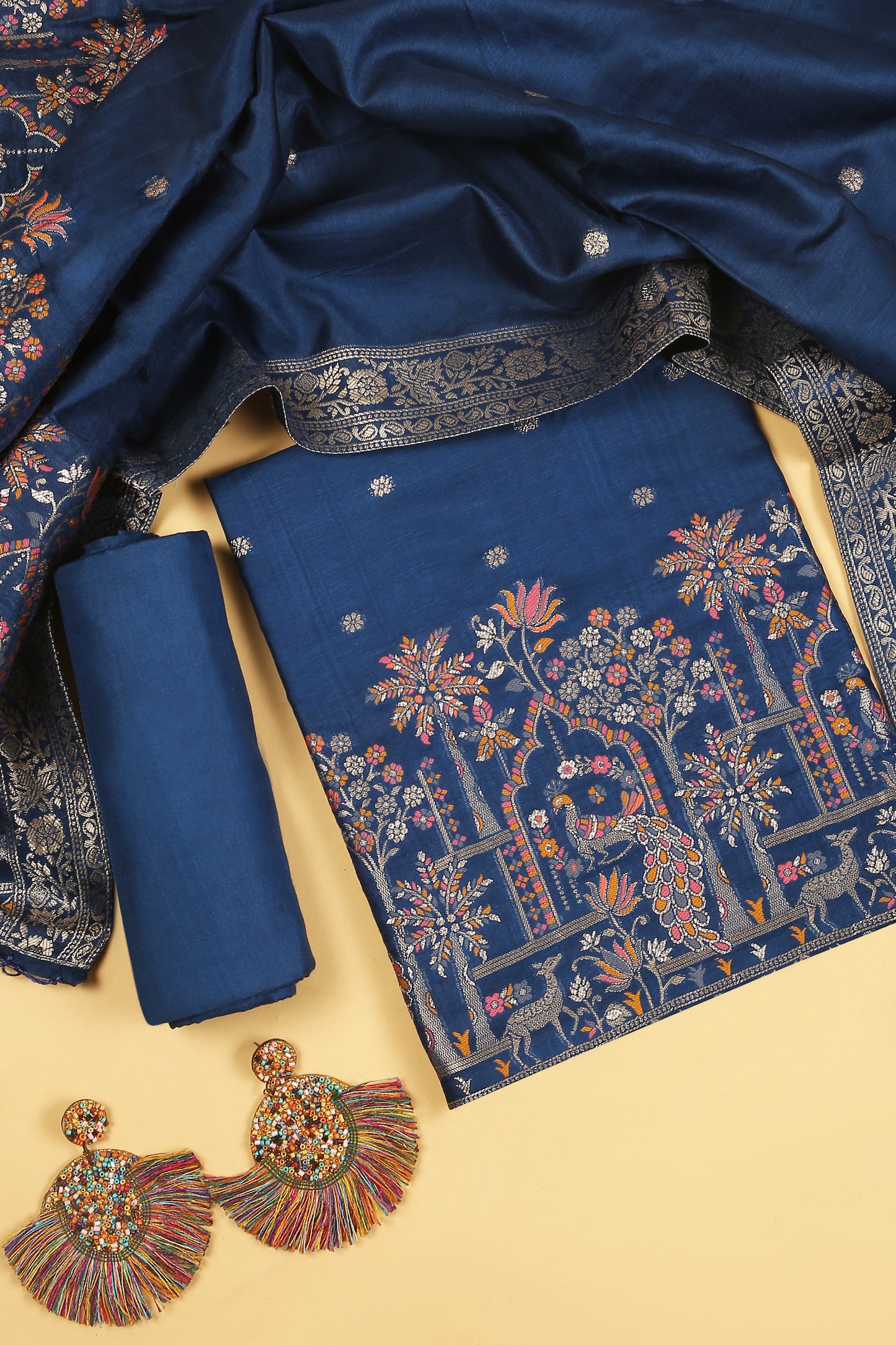 Midnight Blue Chanderi Silk suit in small motifs all over shirt and dupatta with meenakari work on ghera and border