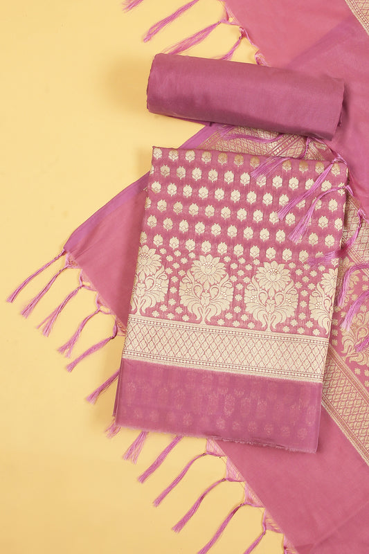 Onion Pink Katan Silk Blend Unstitched suit set with Tradtional Buti woven shirt and Tradional jaal woven Dupatta