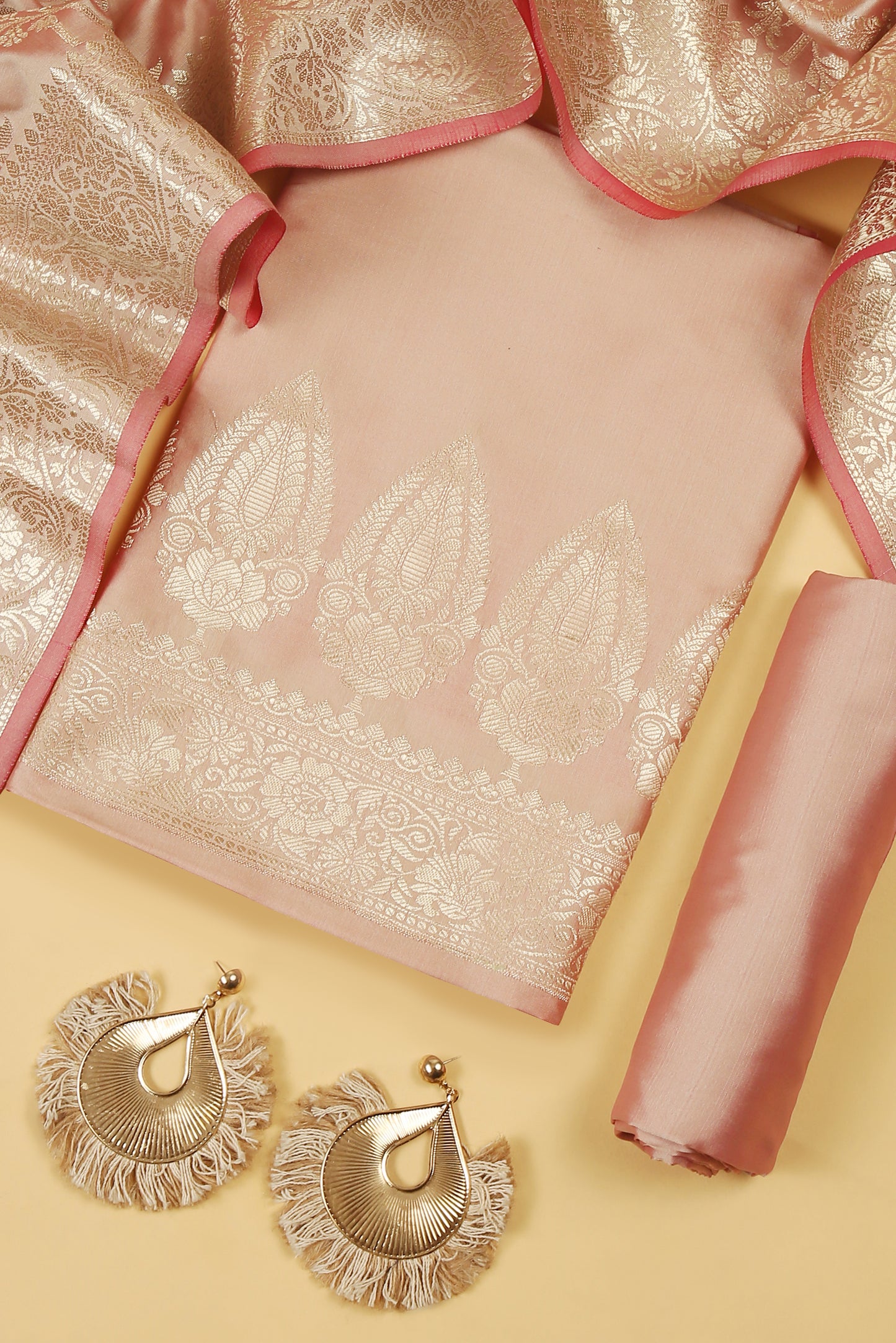 Chiku Banarasi Silk Blend Suit Set in Plain Shirt with Front Border and Jaal Woven Dupatta
