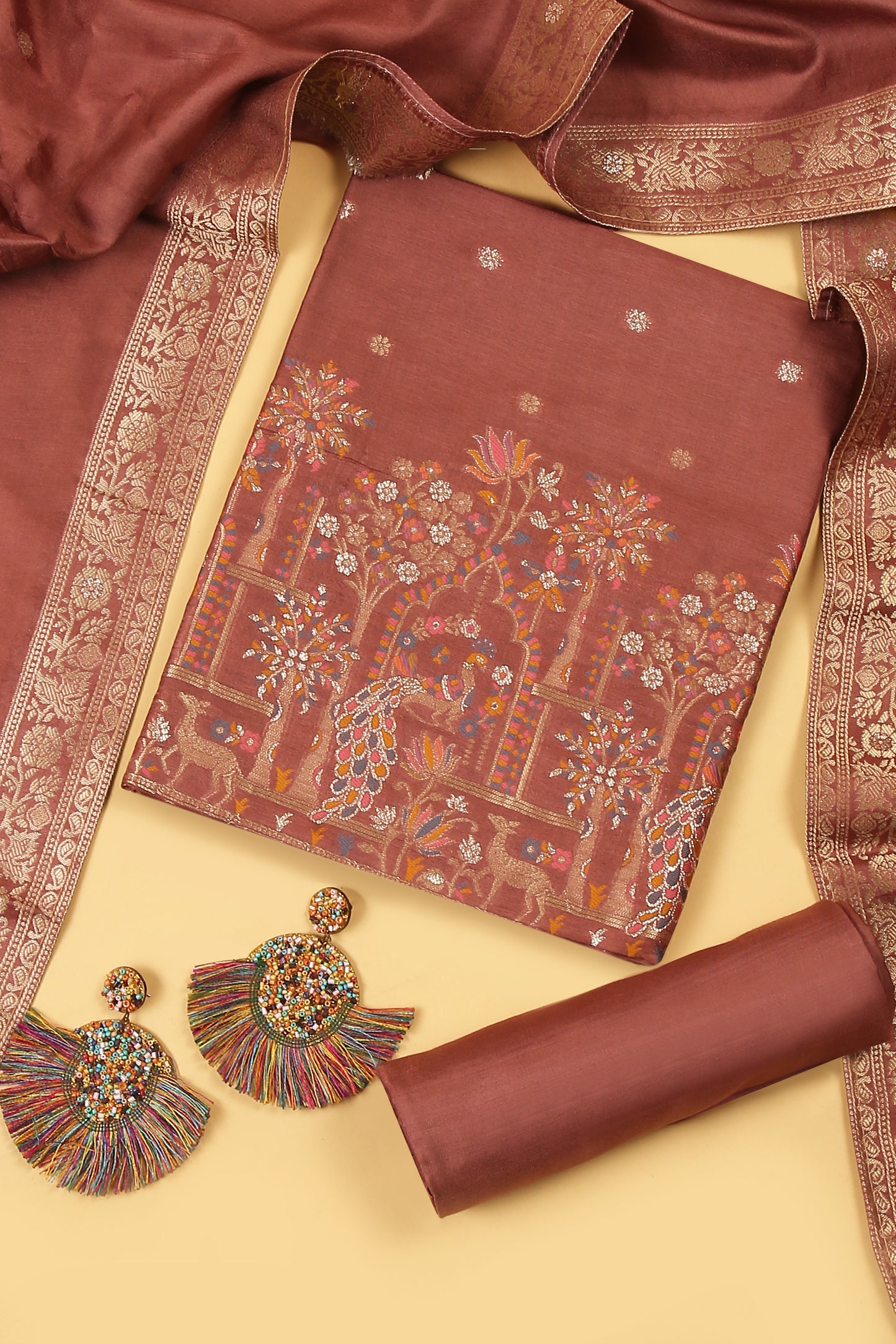 Matka Brown Chanderi Silk suit in small motifs all over shirt and dupatta with meenakari work on ghera and border
