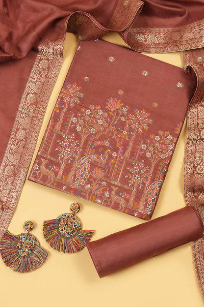 Matka Brown Chanderi Silk suit in small motifs all over shirt and dupatta with meenakari work on ghera and border
