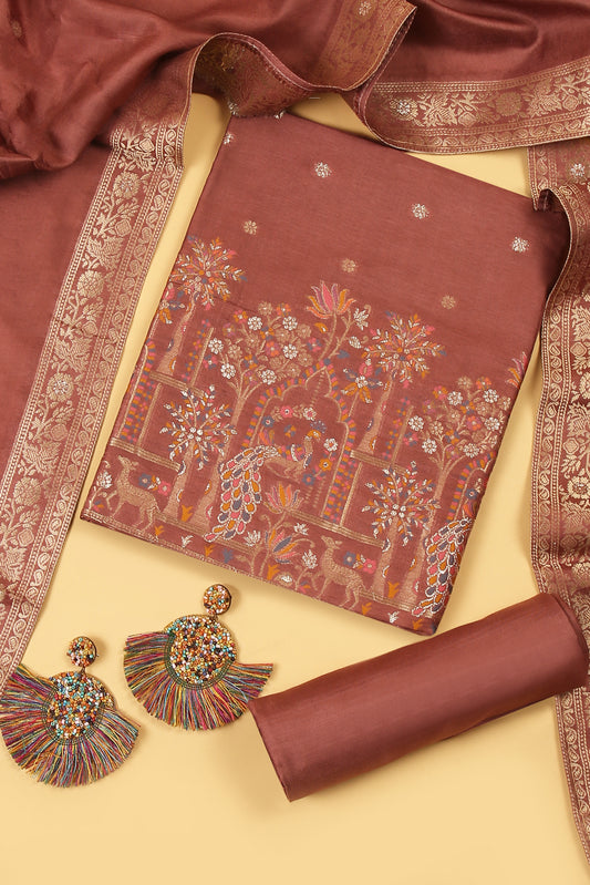 Matka Brown Chanderi Silk suit in small motifs all over shirt and dupatta with meenakari work on ghera and border