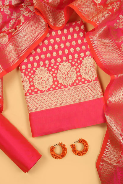 Bright Pink Katan Silk Blend Unstitched suit set with Tradtional Buti woven shirt and Tradional jaal woven Dupatta