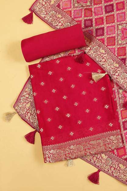 Rani Pink Khaddi Georgette Silk Suit in small buti on shirt and Bandhani Weave dupatta with plain crepe silk bottom