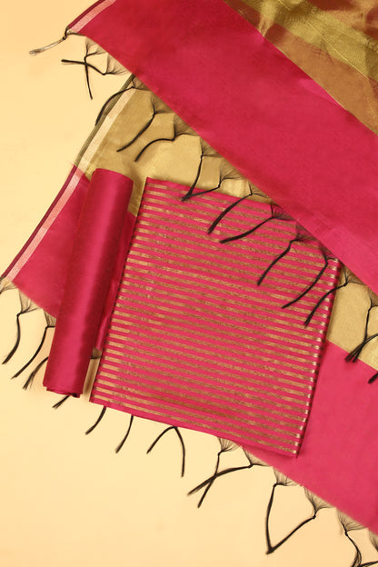Pink Plain Banarasi Cotton Silk suit with woven border on daaman and Stripe woven golden zari dupatta