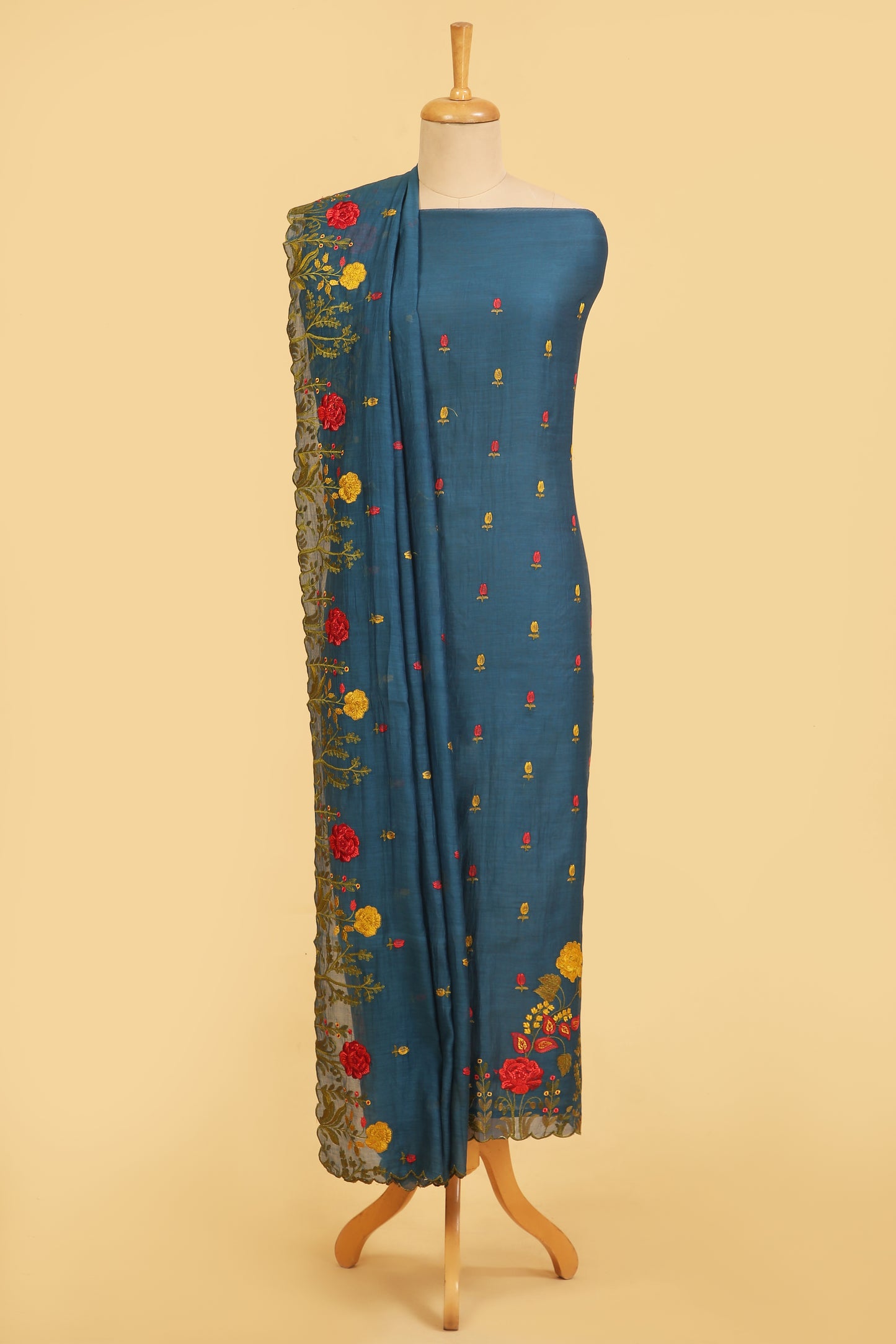Teal Blue Mul Chanderi unstitched suit set with multi color embroidery on shirt and dupatta with scallop work