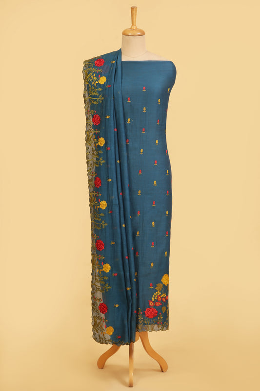 Teal Blue Mul Chanderi unstitched suit set with multi color embroidery on shirt and dupatta with scallop work
