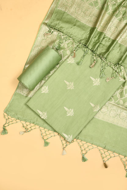 Green Chiniya Silk Blend Zari Woven Unstitched suit set with Zari Woven Dupatta