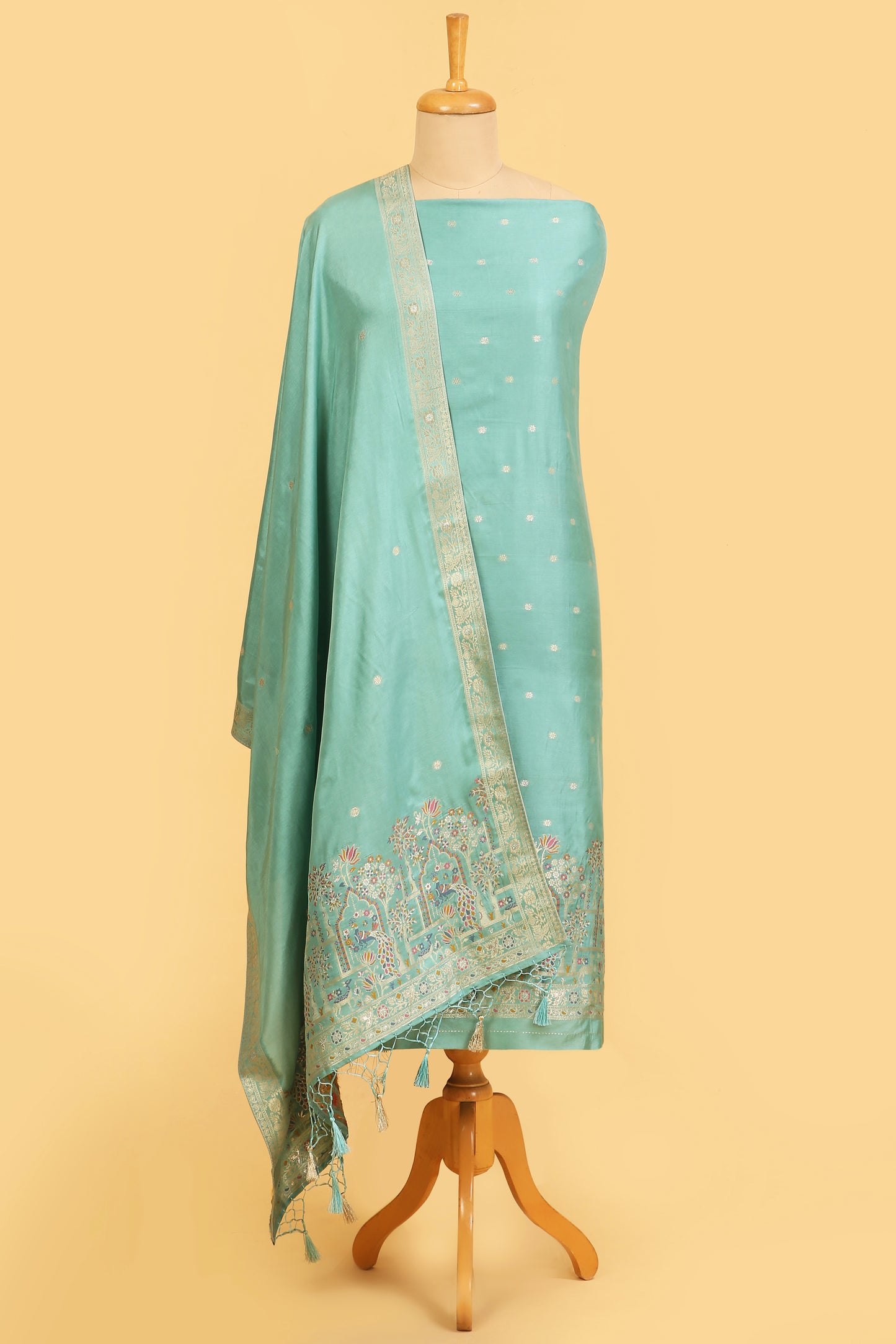 Sea Green Chanderi Silk suit in small motifs all over shirt and dupatta with meenakari work on ghera and border