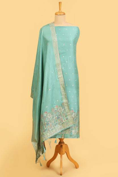 Sea Green Chanderi Silk suit in small motifs all over shirt and dupatta with meenakari work on ghera and border