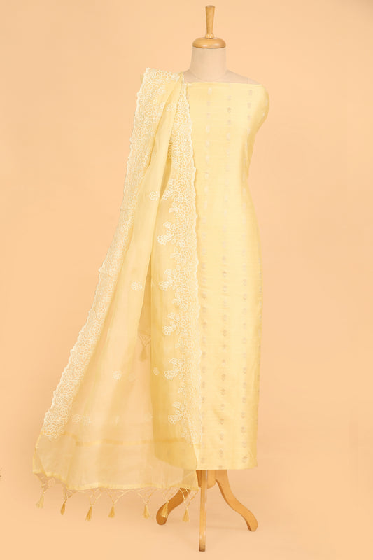 Lemon yellow Pure Chanderi Unstitched Suit in buti weaving with Pure Organza embroidered dupatta