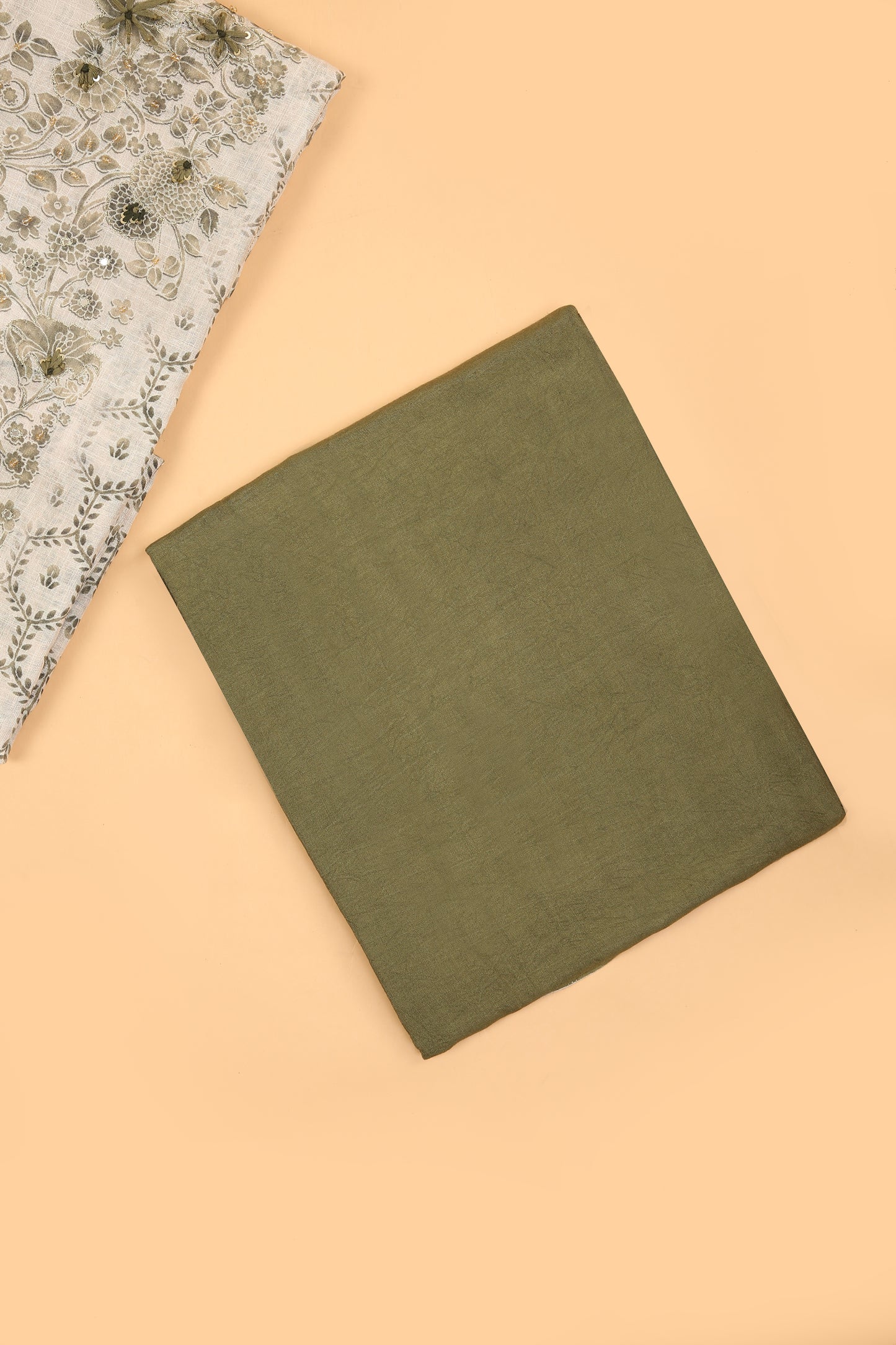 Off White and green Linen blend unstitched suit fabric in Print with Minimal Embroidery work on neck with Linen Blend printed Dupatta