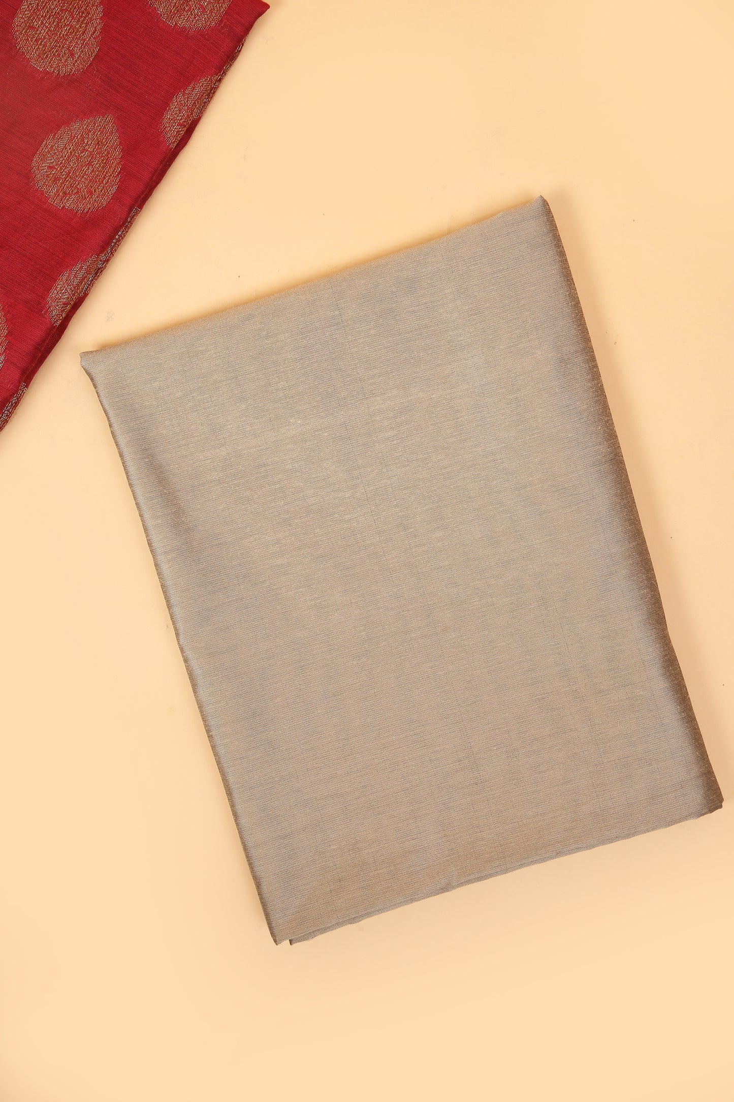 Red Banarasi Cotton Silk Zari Buti Woven Unstitched suit with Chiku Contrast Jaal Woven Dupatta
