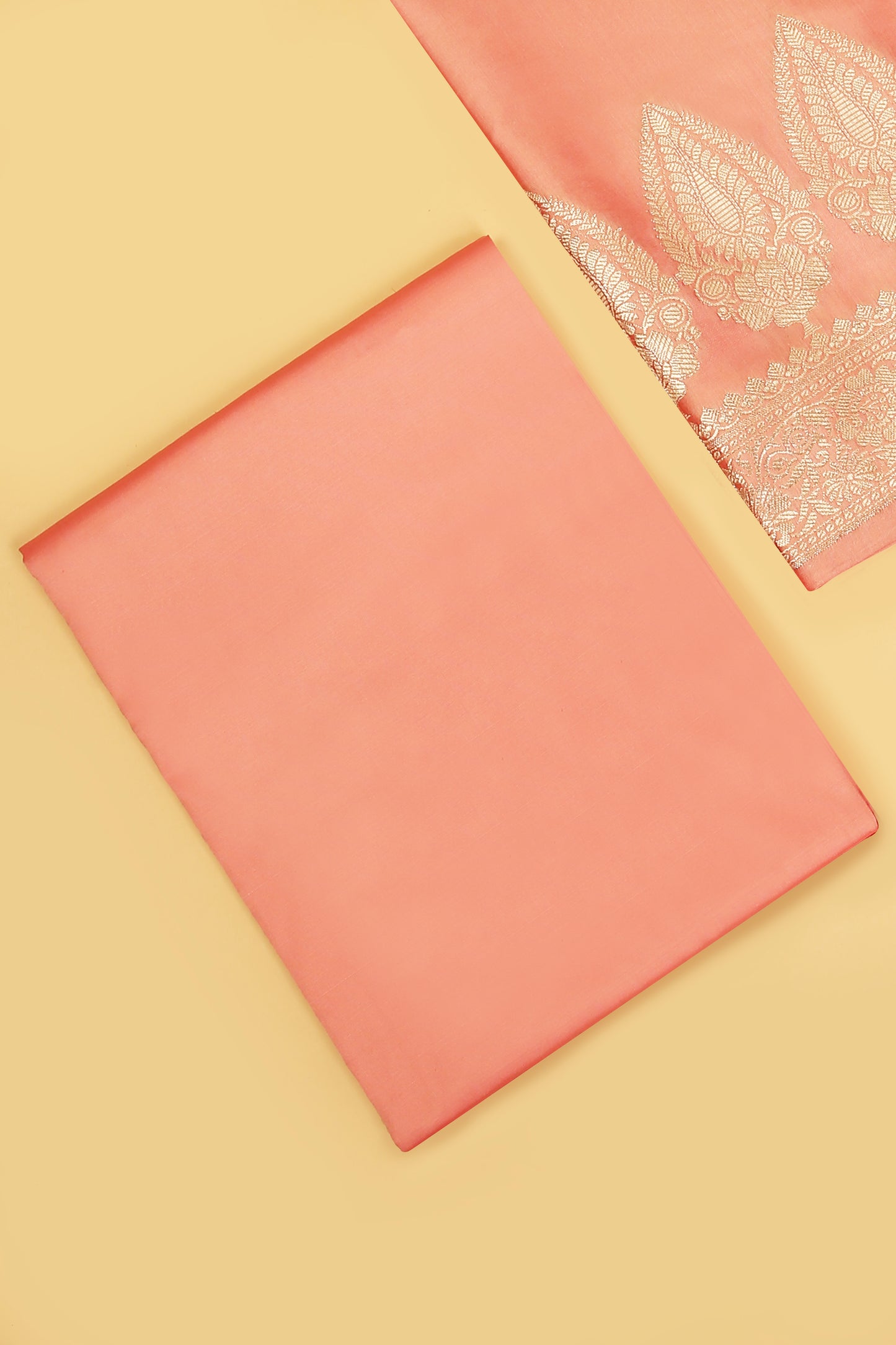 Peach Banarasi Silk Blend Suit Set in Plain Shirt with Front Border and Jaal Woven Dupatta