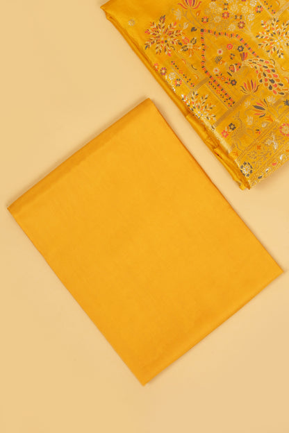 Yellow Chanderi Silk suit in small motifs all over shirt and dupatta with meenakari work on ghera and border