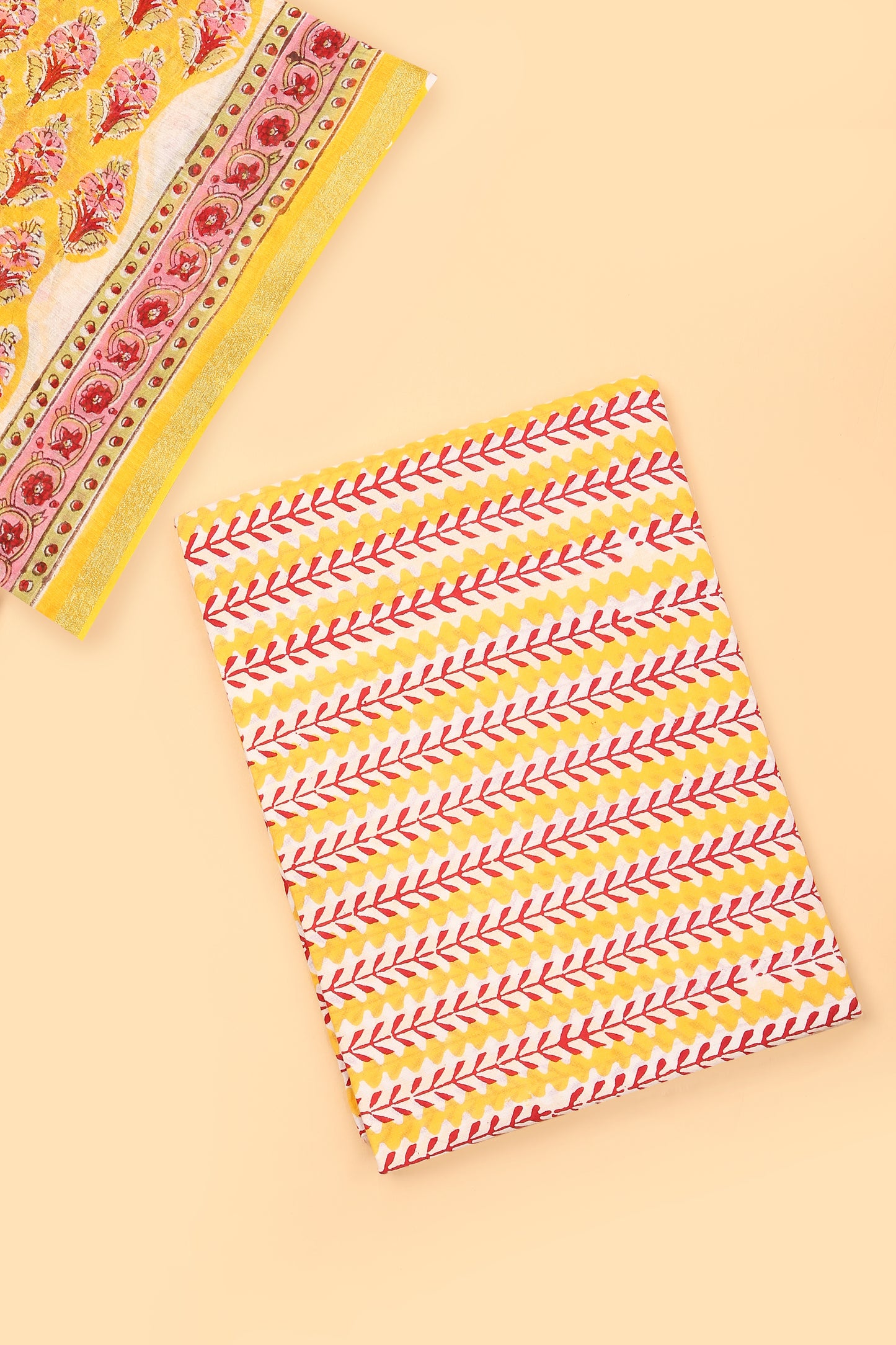 Yellow Pure Hand Block Chanderi unstitched suit set with pure Cotton striped handblock Bottom